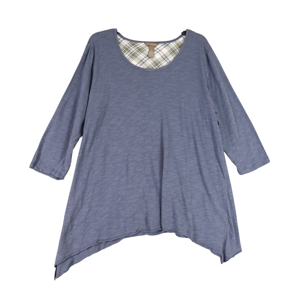 Bit & Bridle Plaid Trim Tunic Top Womens XL Blue 3/4 Sleeve Asymmetrical‎ Hem